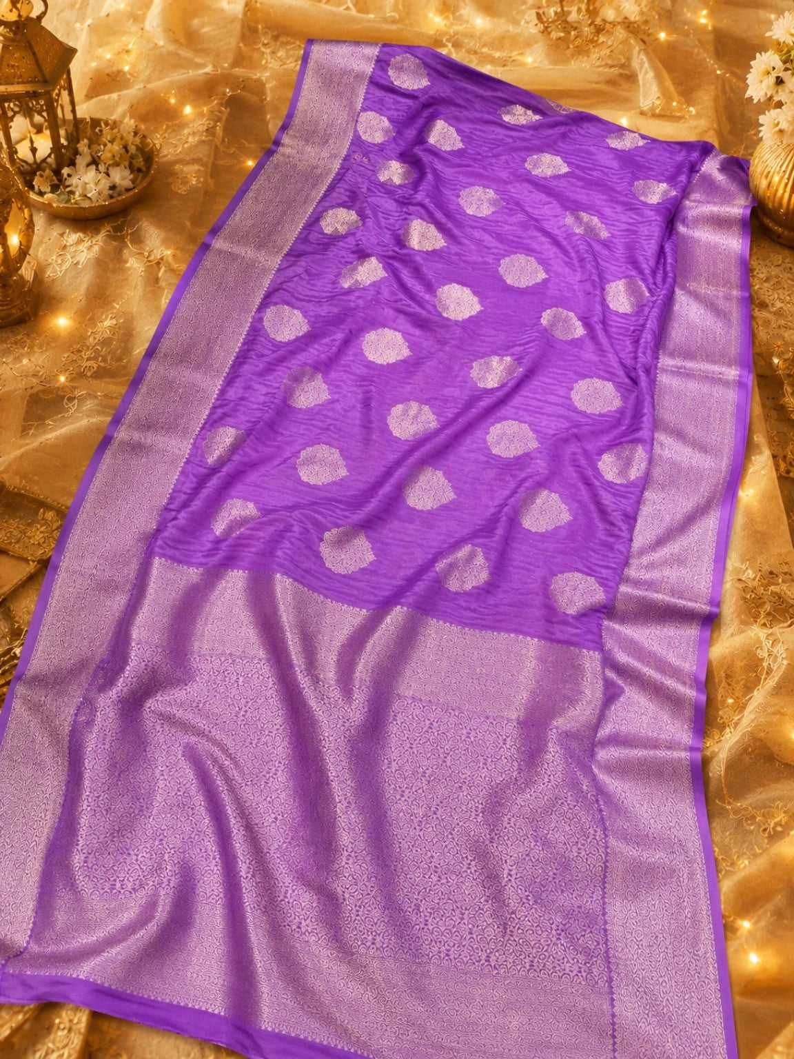 Purple Matka Silk Saree with Silver Zari Buti Motifs & Ornate Woven Border