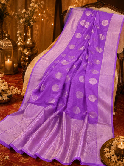 Purple Matka Silk Saree with Silver Zari Buti Motifs & Ornate Woven Border