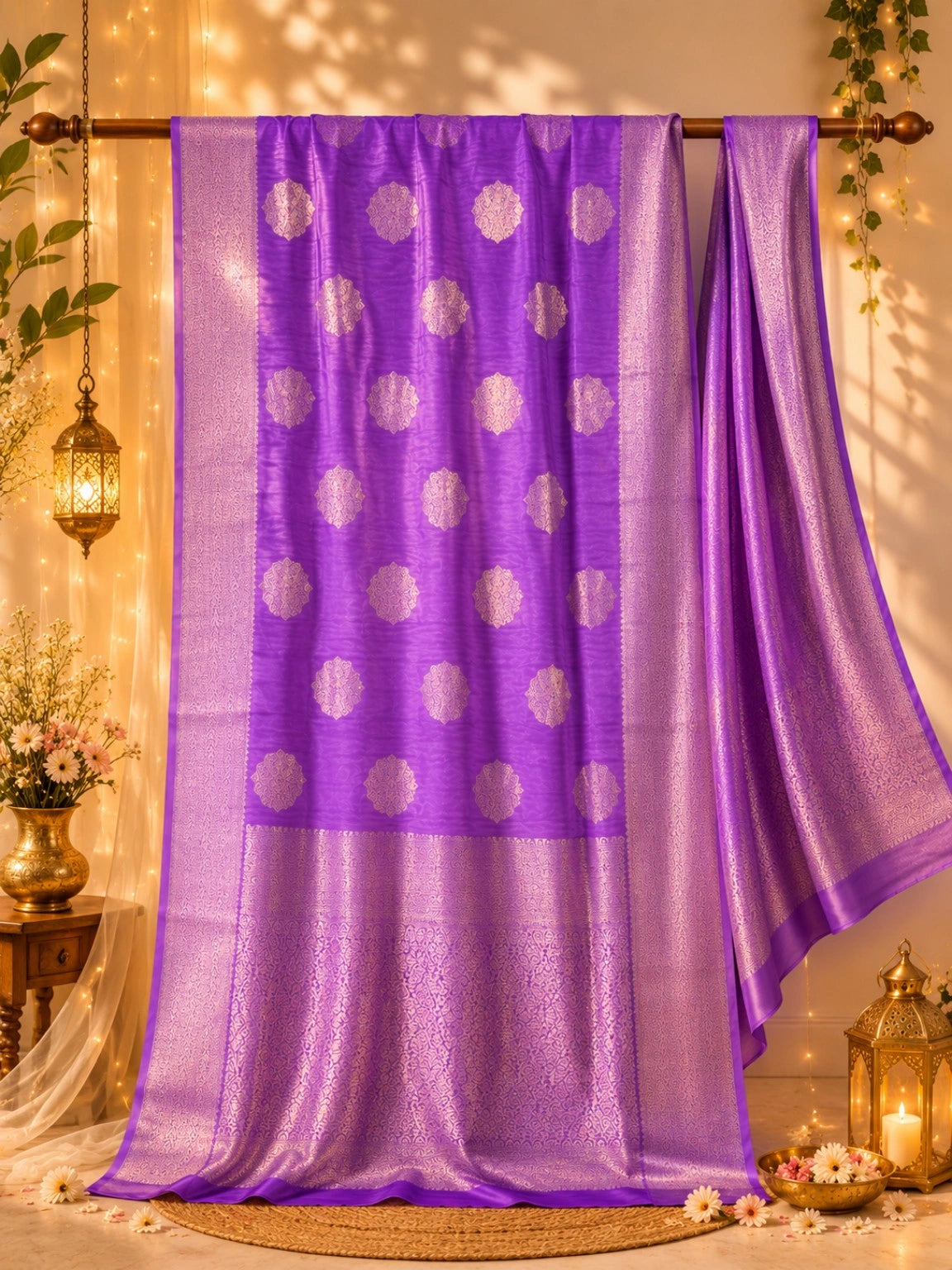 Purple Matka Silk Saree with Silver Zari Buti Motifs & Ornate Woven Border