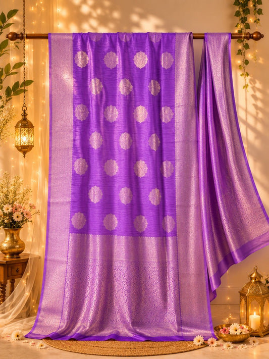 Purple Matka Silk Saree with Silver Zari Buti Motifs & Ornate Woven Border