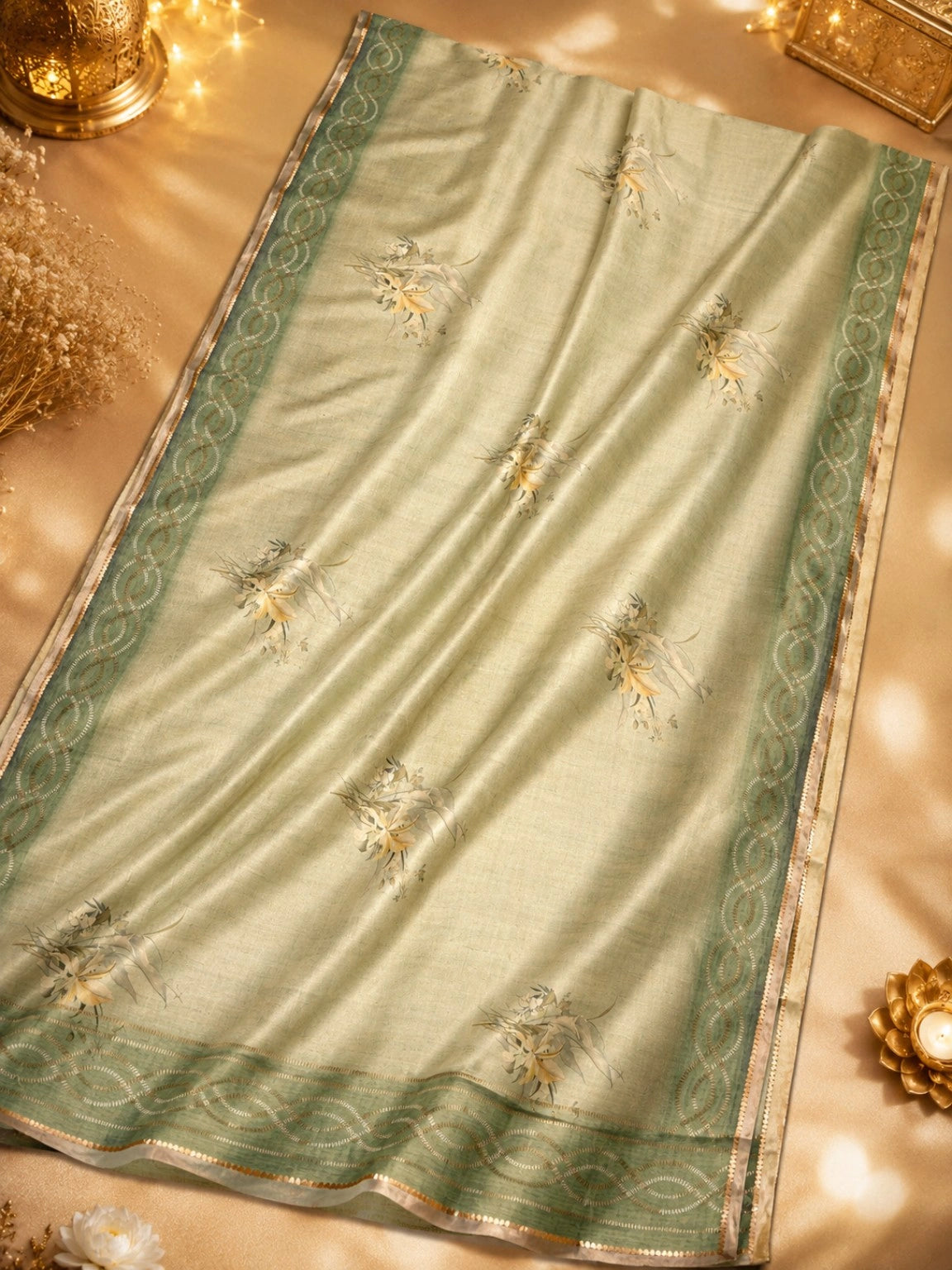 Mint Green Tussar Silk Saree with Floral Buta Design & Woven Border
