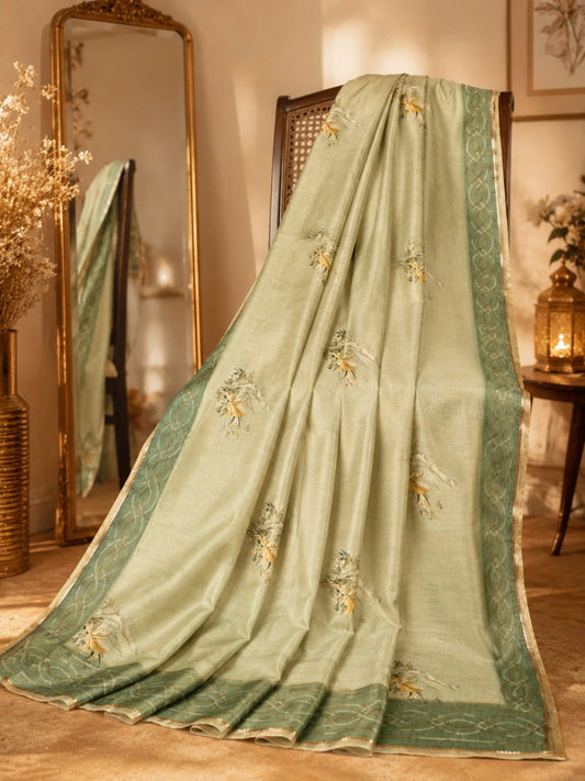 Mint Green Tussar Silk Saree with Floral Buta Design & Woven Border