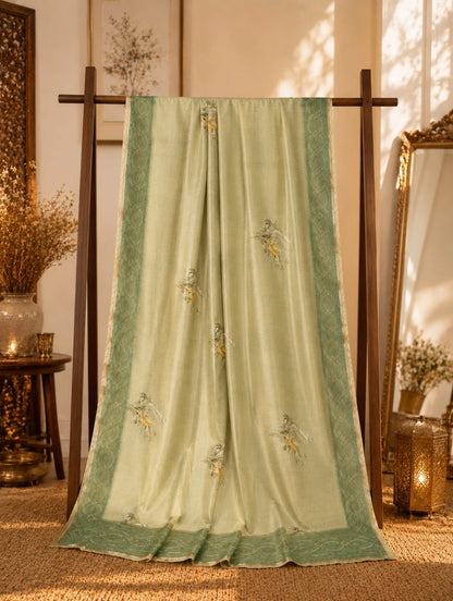Mint Green Tussar Silk Saree with Floral Buta Design & Woven Border