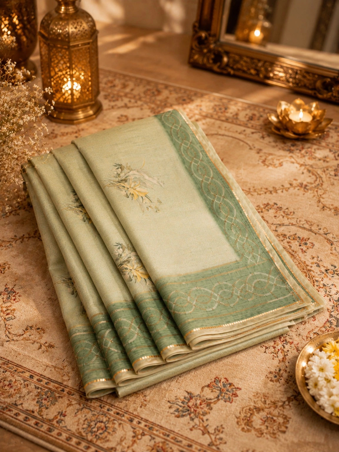 Mint Green Tussar Silk Saree with Floral Buta Design & Woven Border