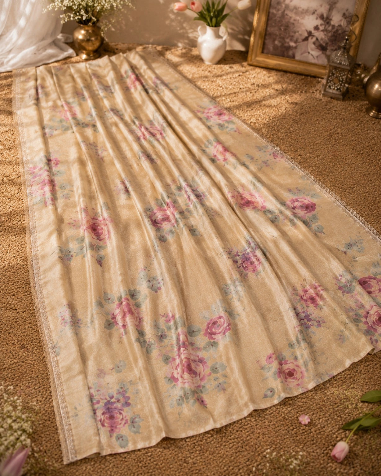 Beige Tussar Boutique Design Floral Printed Saree with Rose Motifs