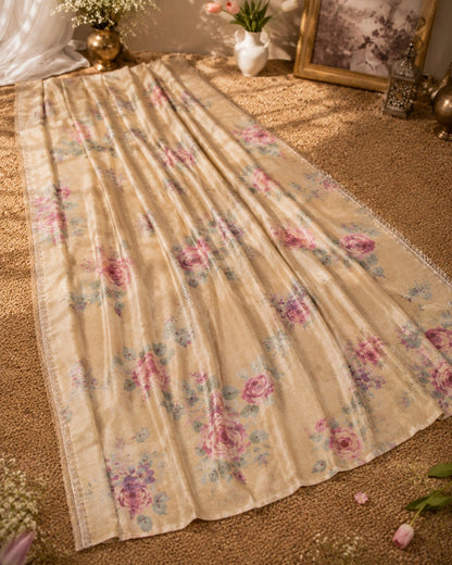 Beige Tussar Boutique Design Floral Printed Saree with Rose Motifs