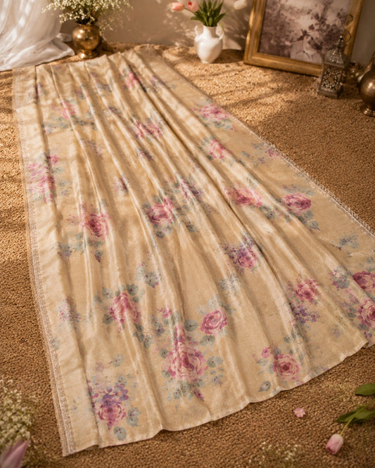 Beige Tussar Boutique Design Floral Printed Saree with Rose Motifs