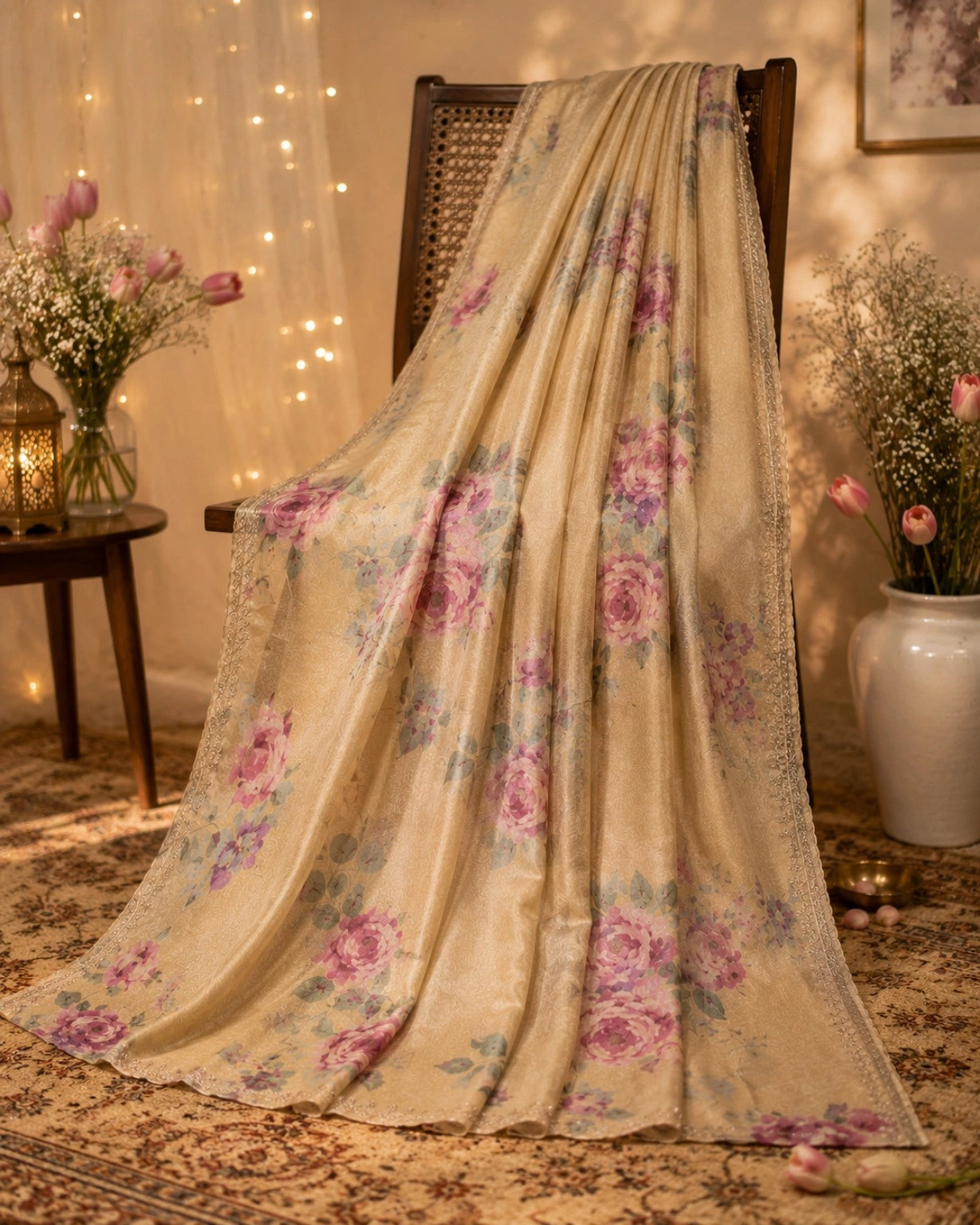 Beige Tussar Boutique Design Floral Printed Saree with Rose Motifs