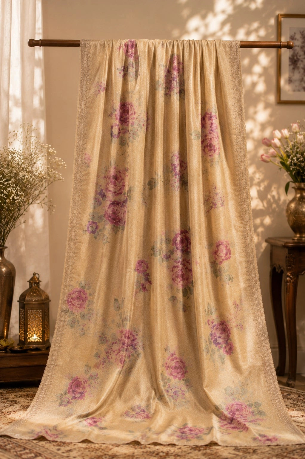 Beige Tussar Boutique Design Floral Printed Saree with Rose Motifs
