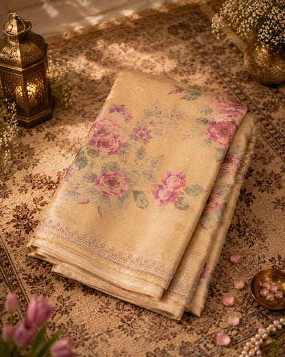 Beige Tussar Boutique Design Floral Printed Saree with Rose Motifs