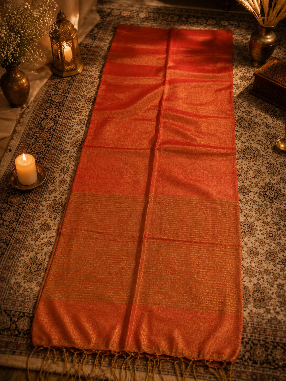 Rust Orange Pure Linen Tissue Saree with Golden Striped Weave and Tassel Border