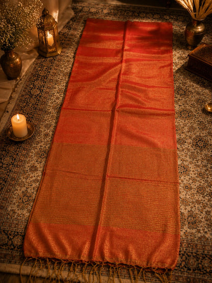 Rust Orange Pure Linen Tissue Saree with Golden Striped Weave and Tassel Border