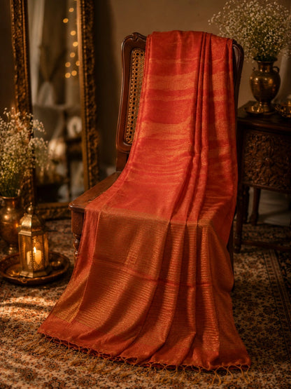 Rust Orange Pure Linen Tissue Saree with Golden Striped Weave and Tassel Border