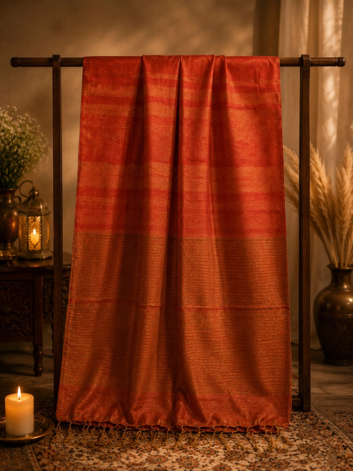 Rust Orange Pure Linen Tissue Saree with Golden Striped Weave and Tassel Border