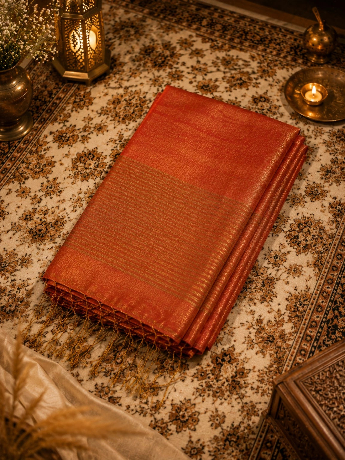 Rust Orange Pure Linen Tissue Saree with Golden Striped Weave and Tassel Border