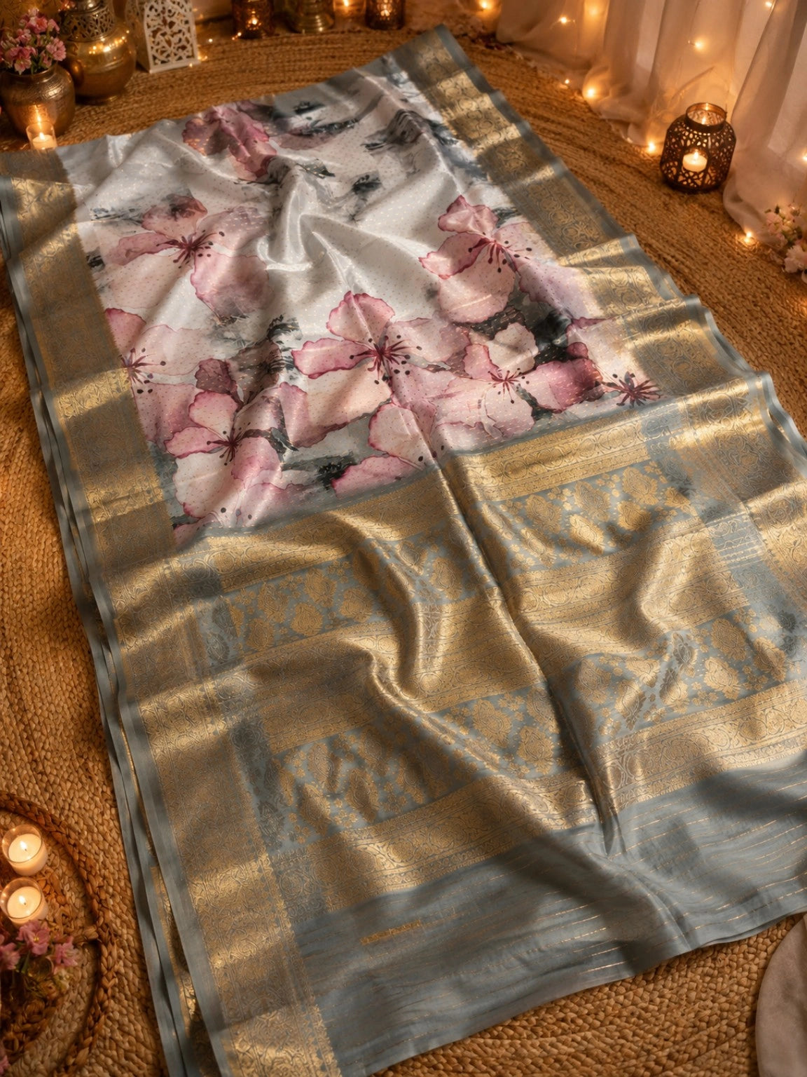 Grey Blue Georgette Digital Crepe Silk Saree with Pink Floral Print & Gold Zari Border