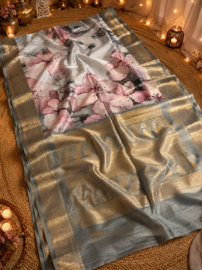 Grey Blue Georgette Digital Crepe Silk Saree with Pink Floral Print & Gold Zari Border