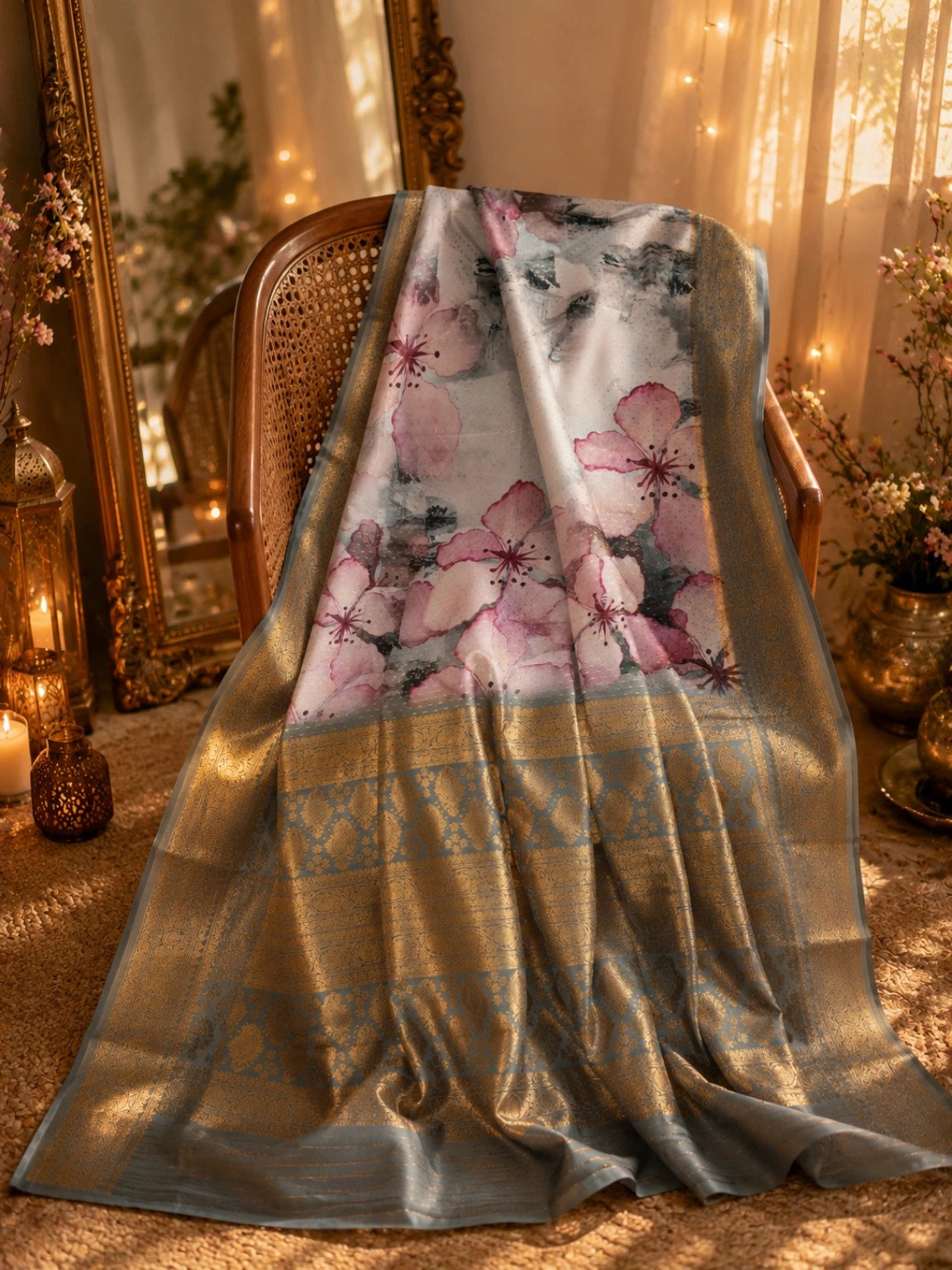 Grey Blue Georgette Digital Crepe Silk Saree with Pink Floral Print & Gold Zari Border