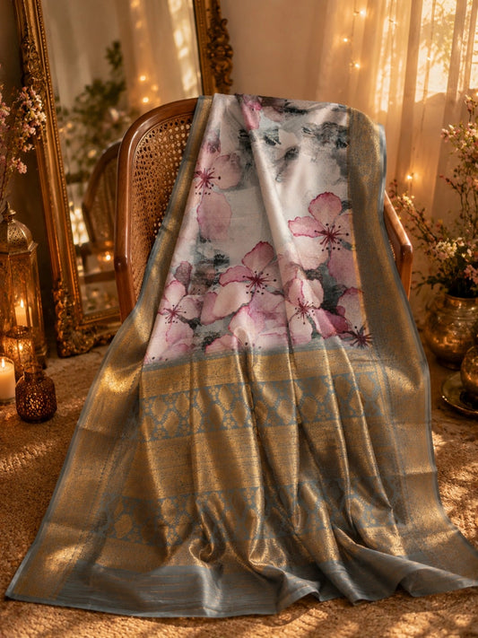 Grey Blue Georgette Digital Crepe Silk Saree with Pink Floral Print & Gold Zari Border