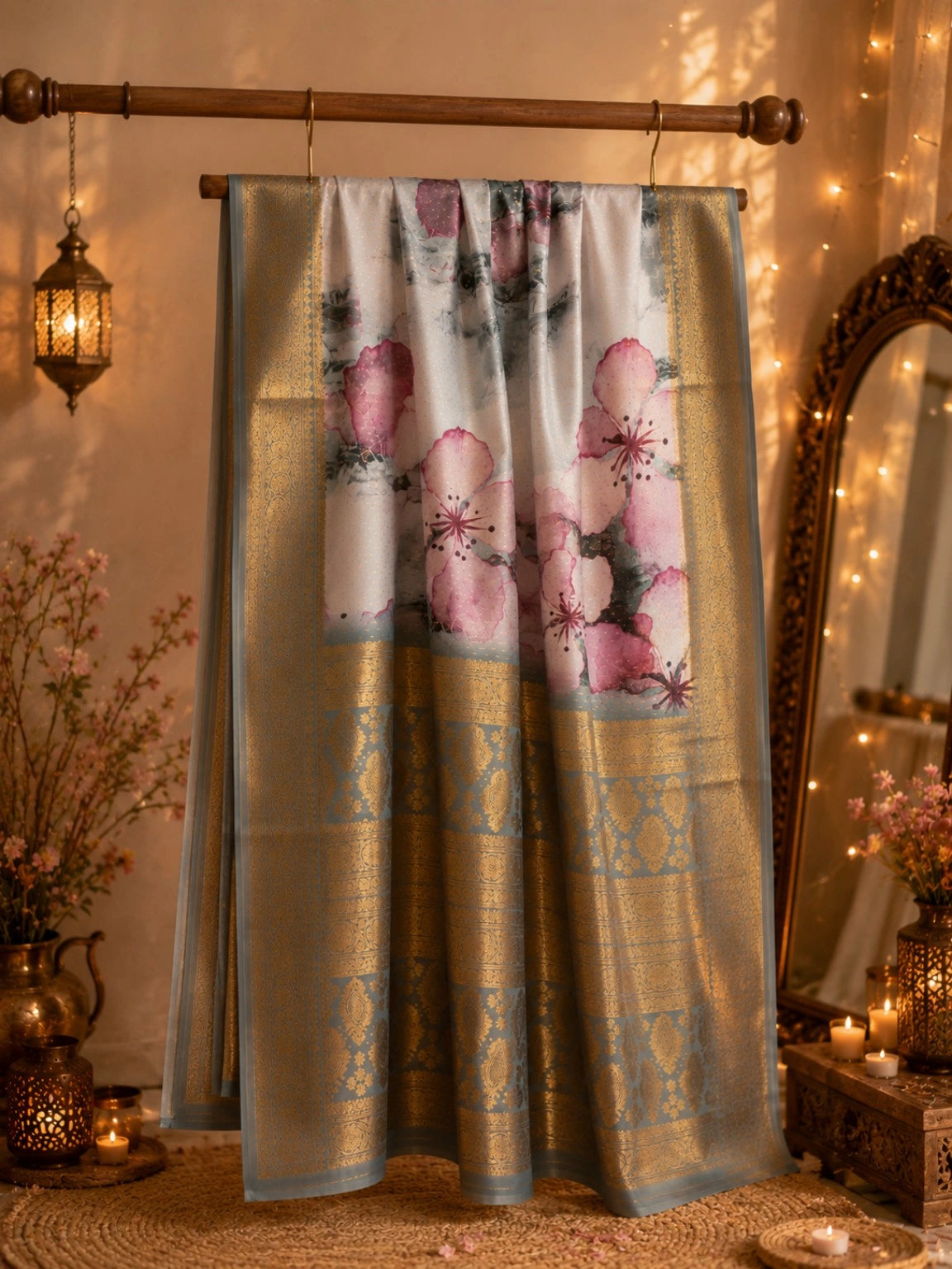 Grey Blue Georgette Digital Crepe Silk Saree with Pink Floral Print & Gold Zari Border
