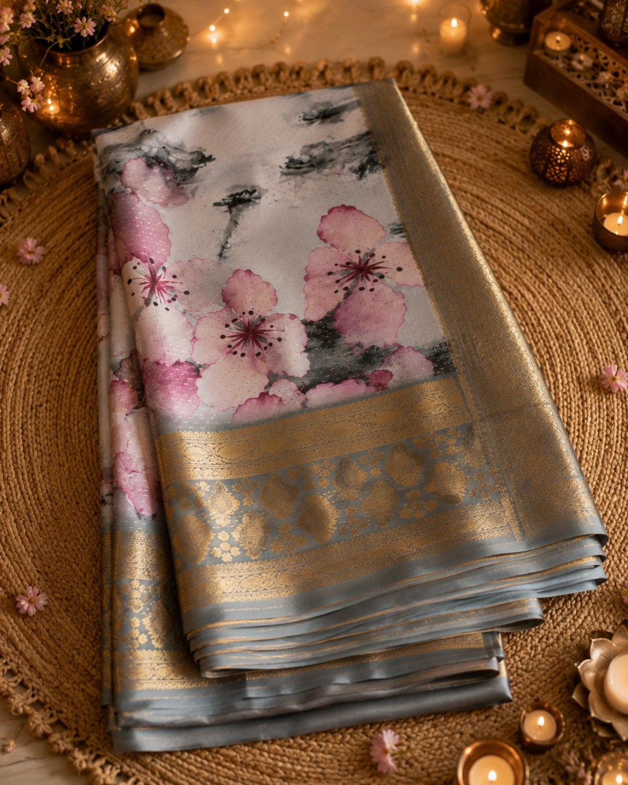 Grey Blue Georgette Digital Crepe Silk Saree with Pink Floral Print & Gold Zari Border