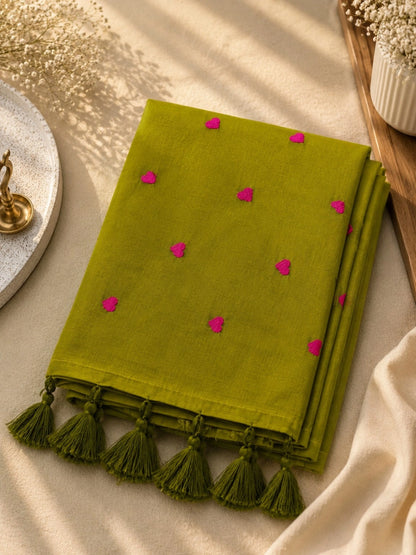 Olive Green Mul Cotton Embroidery Saree with Pink Heart Motifs & Tassel Border
