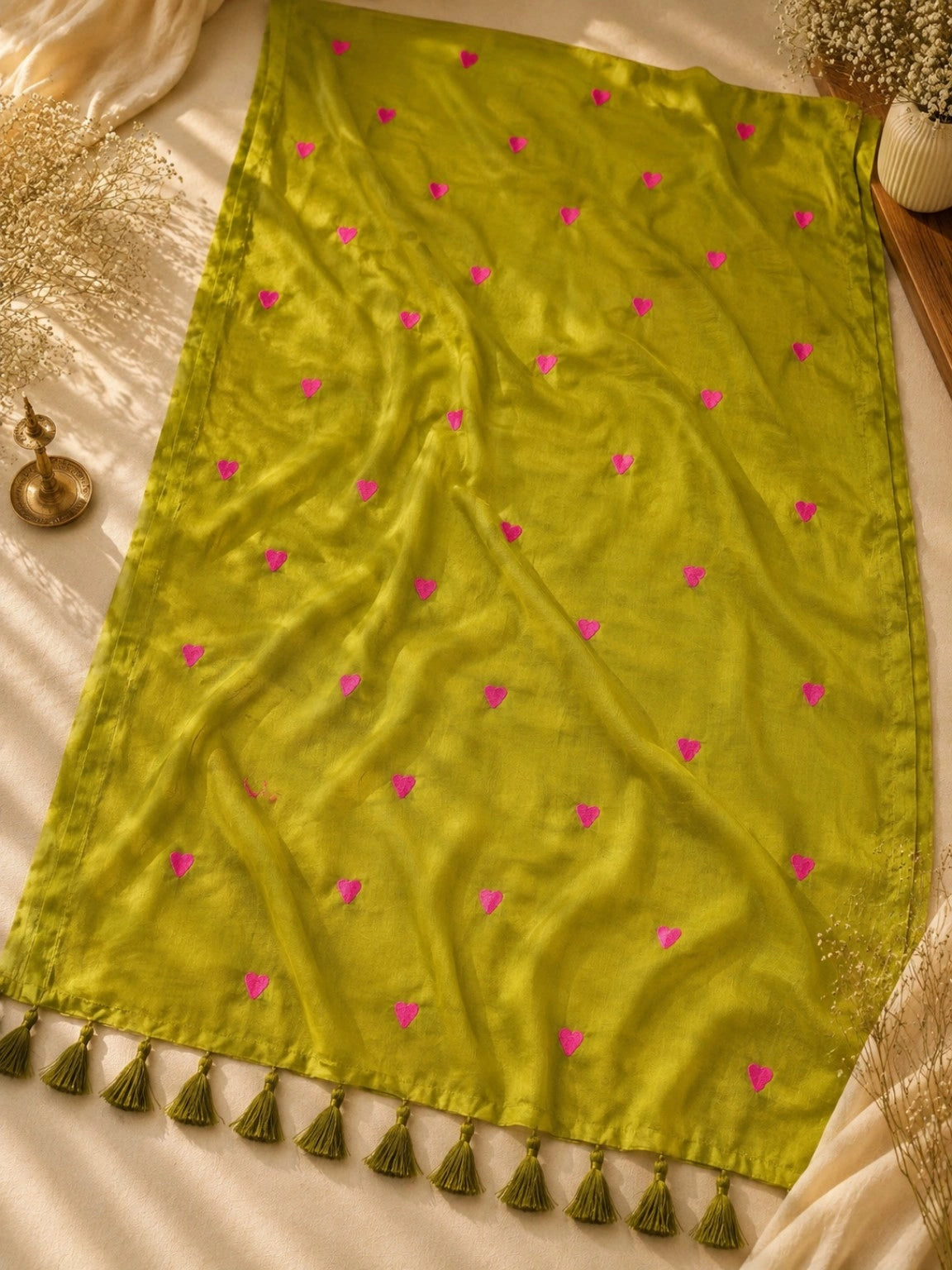 Olive Green Mul Cotton Embroidery Saree with Pink Heart Motifs & Tassel Border