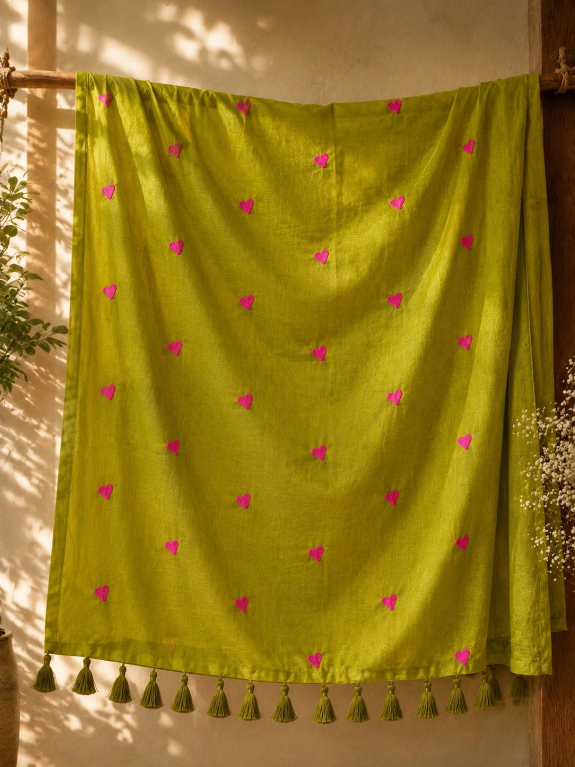 Olive Green Mul Cotton Embroidery Saree with Pink Heart Motifs & Tassel Border