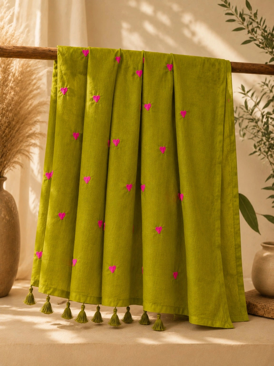 Olive Green Mul Cotton Embroidery Saree with Pink Heart Motifs & Tassel Border