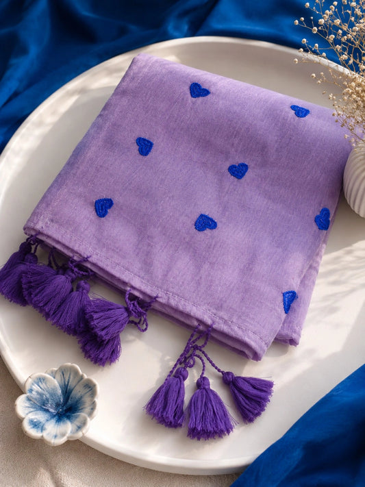 Lavender Mul Cotton Embroidery Saree with Royal Blue Heart Motifs & Tassel Pallu
