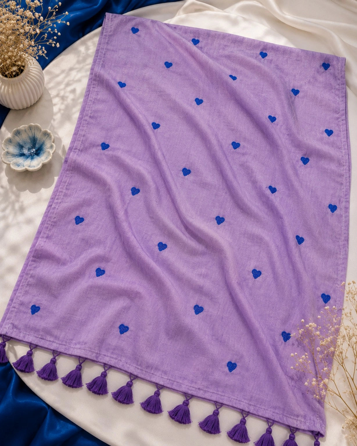 Lavender Mul Cotton Embroidery Saree with Royal Blue Heart Motifs & Tassel Pallu