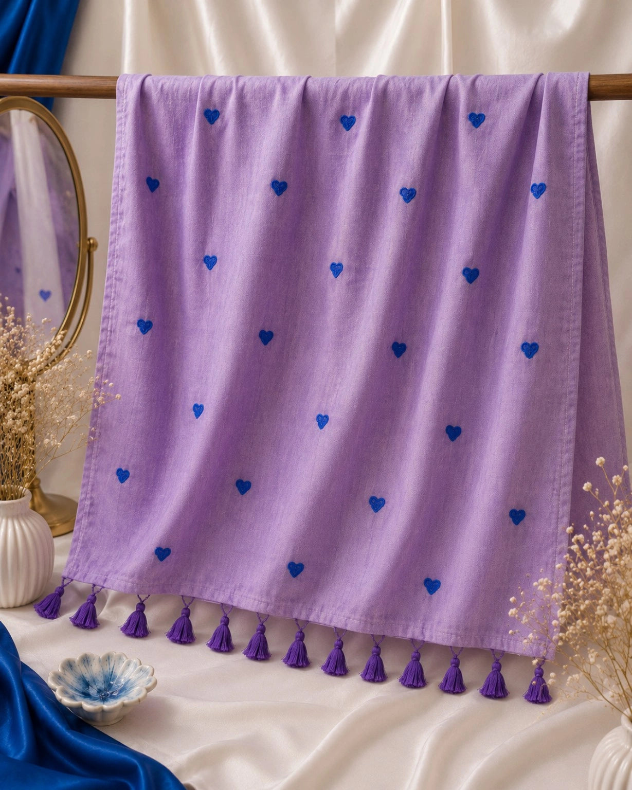 Lavender Mul Cotton Embroidery Saree with Royal Blue Heart Motifs & Tassel Pallu