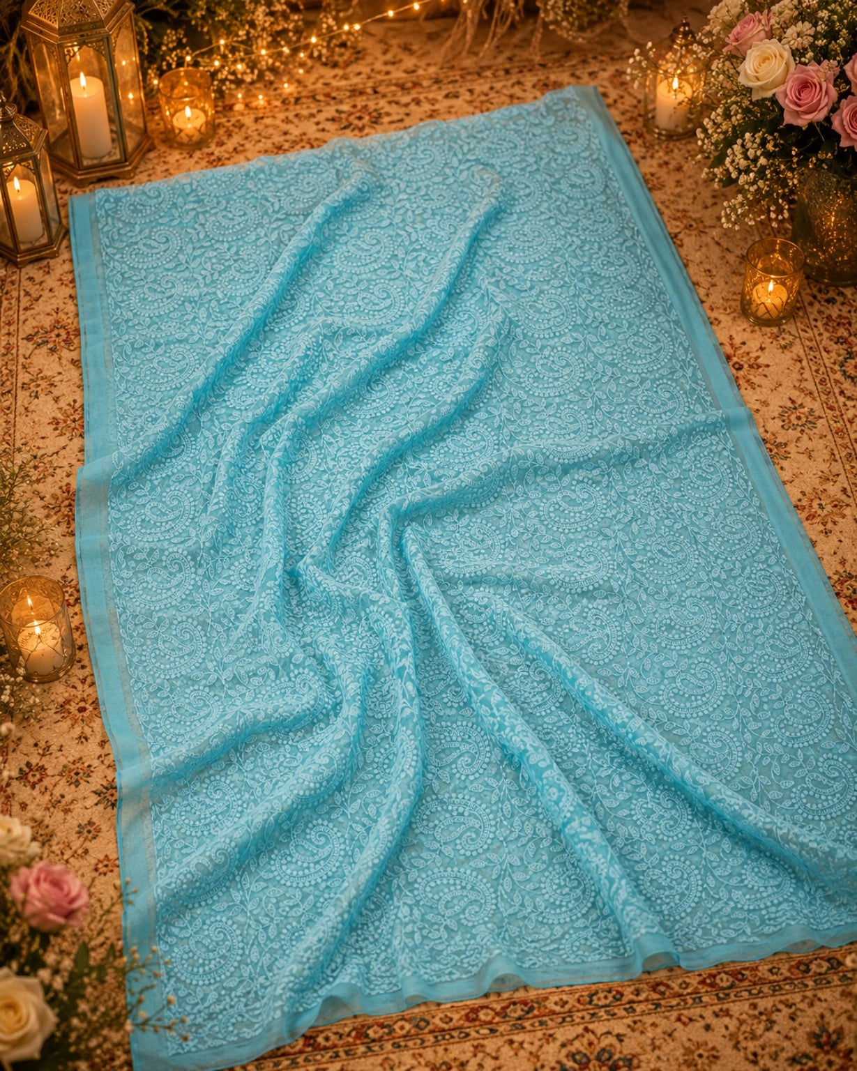 Sky Blue Chikan Embroidered Paisley Saree with Floral Vine Thread Work