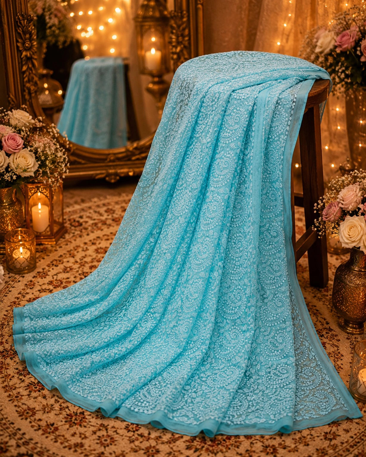 Sky Blue Chikan Embroidered Paisley Saree with Floral Vine Thread Work