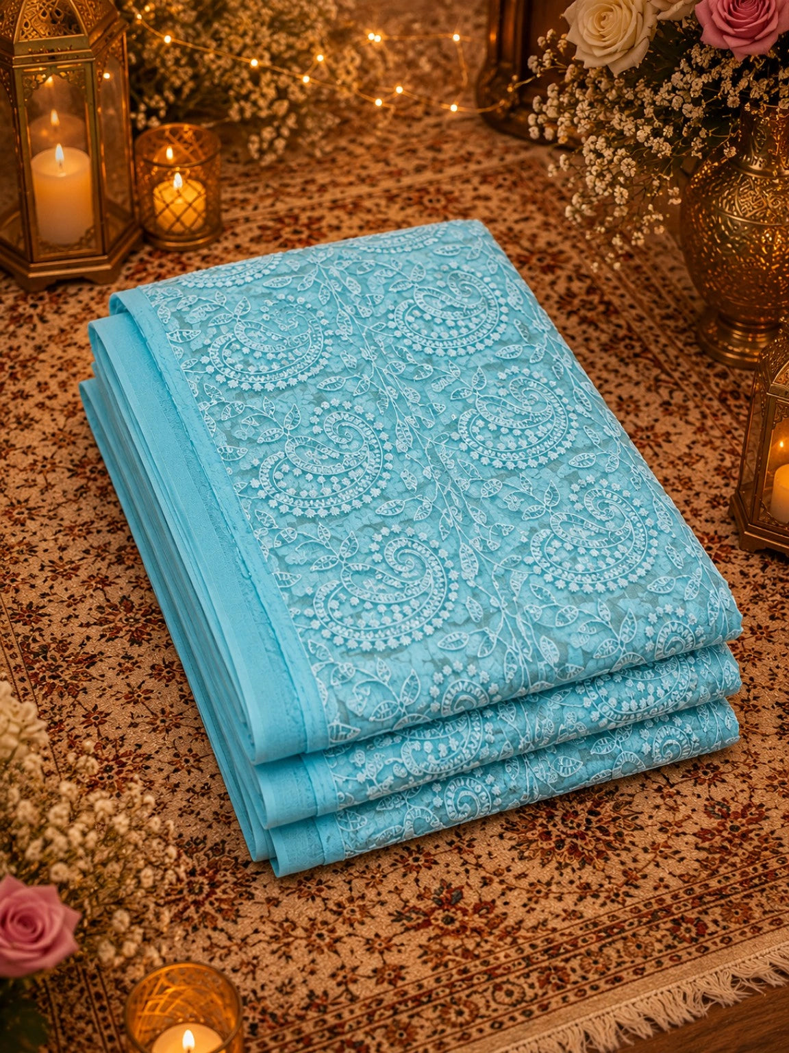Sky Blue Chikan Embroidered Paisley Saree with Floral Vine Thread Work