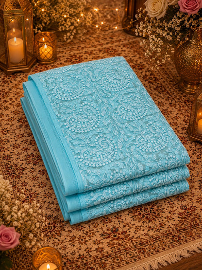 Sky Blue Chikan Embroidered Paisley Saree with Floral Vine Thread Work