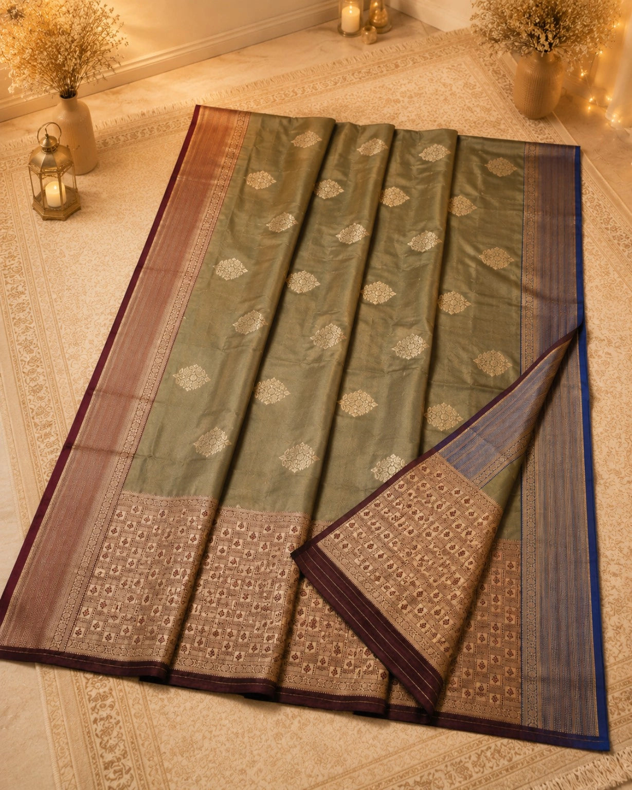 Olive Green Katan Silk Ganga Jamuna Border Banarasi Saree with Zari Buta Work