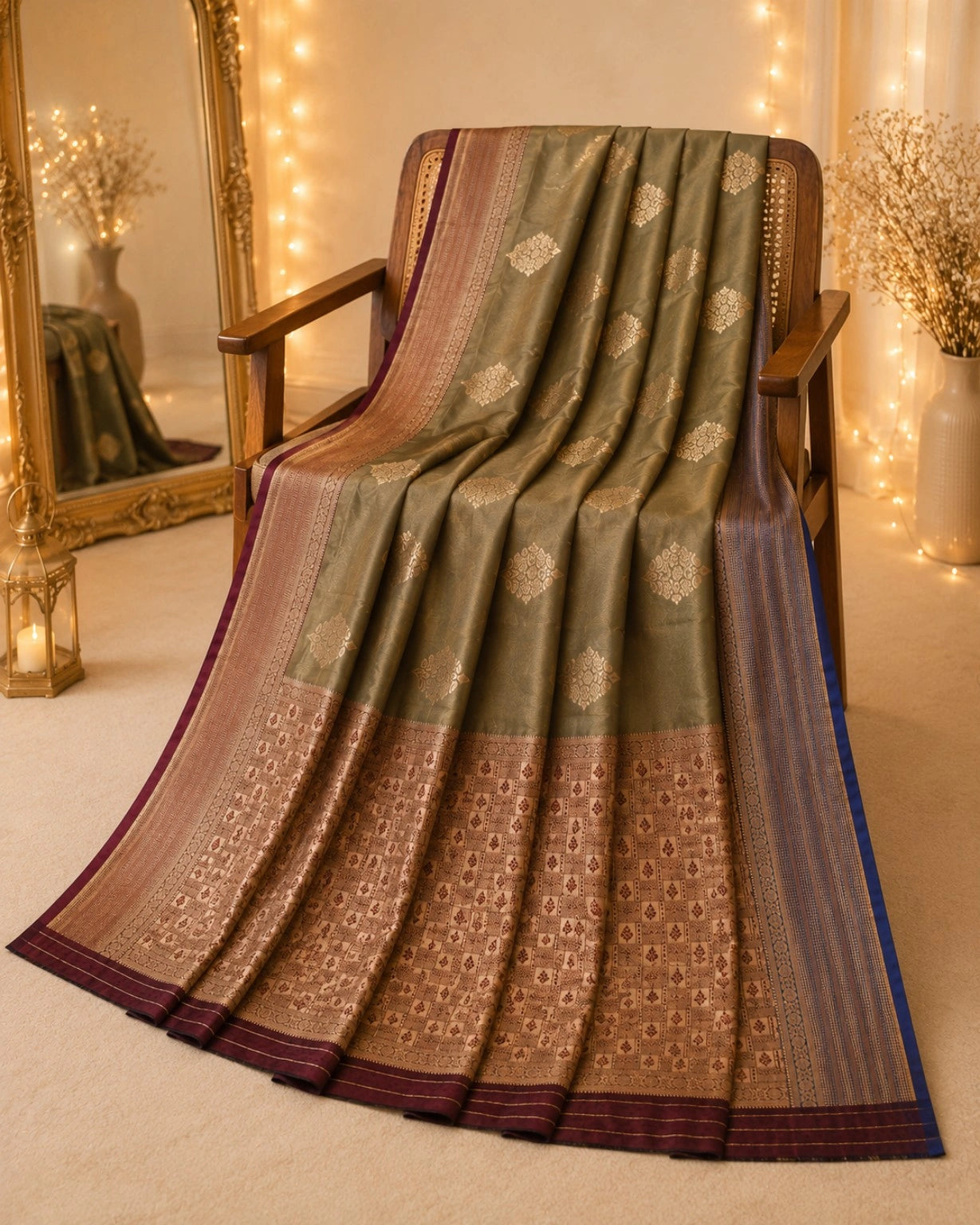 Olive Green Katan Silk Ganga Jamuna Border Banarasi Saree with Zari Buta Work