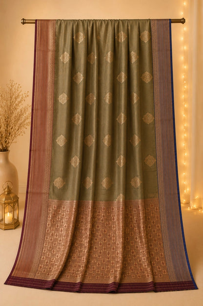 Olive Green Katan Silk Ganga Jamuna Border Banarasi Saree with Zari Buta Work