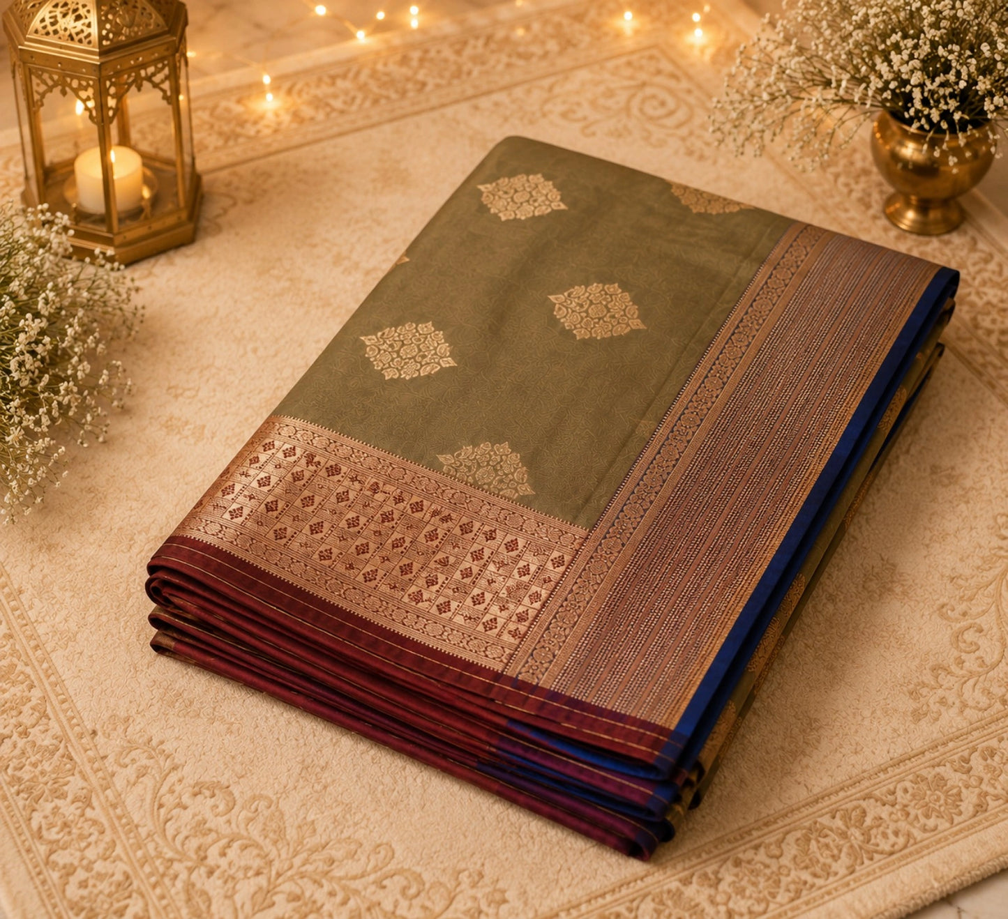 Olive Green Katan Silk Ganga Jamuna Border Banarasi Saree with Zari Buta Work
