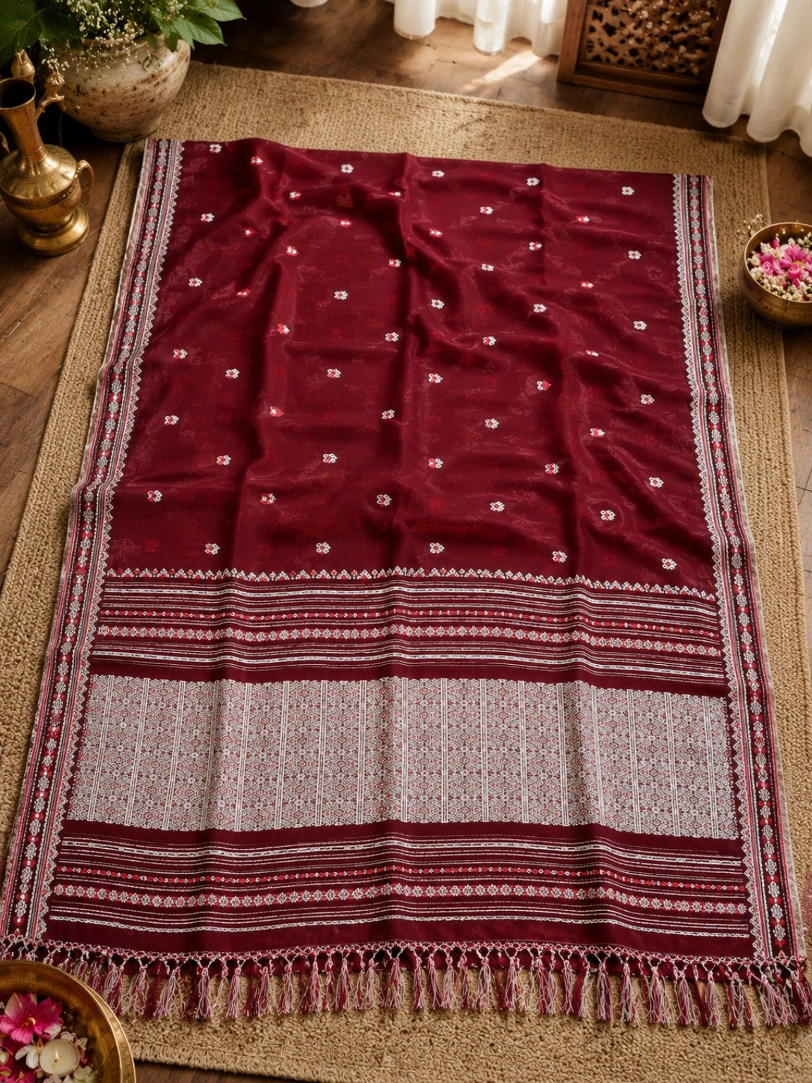 Maroon Pure Cotton Handwoven Saree with Traditional Buti Motifs & Tassel Pallu