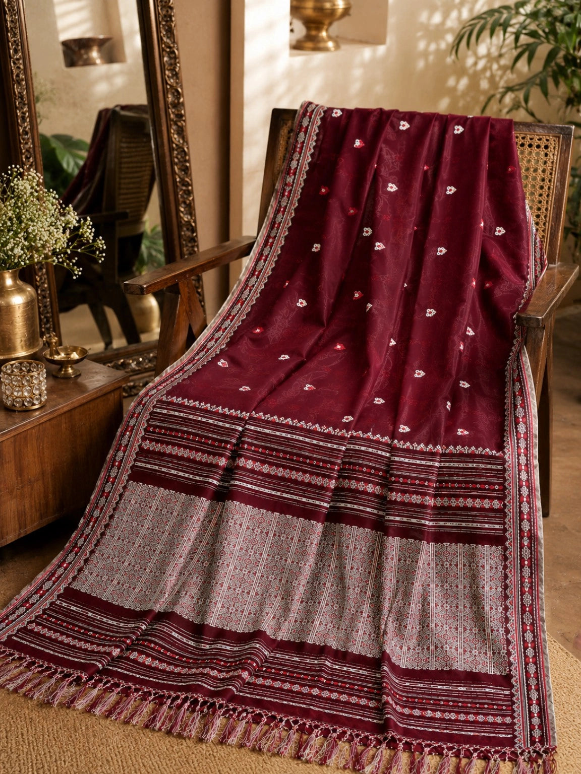 Maroon Pure Cotton Handwoven Saree with Traditional Buti Motifs & Tassel Pallu