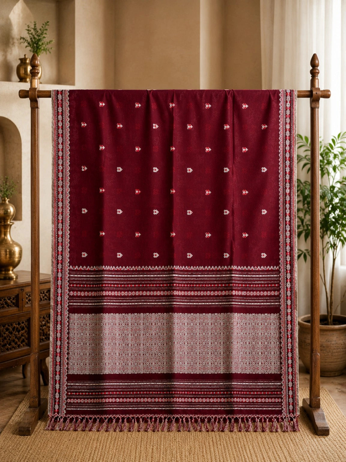Maroon Pure Cotton Handwoven Saree with Traditional Buti Motifs & Tassel Pallu