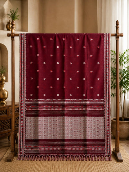 Maroon Pure Cotton Handwoven Saree with Traditional Buti Motifs & Tassel Pallu