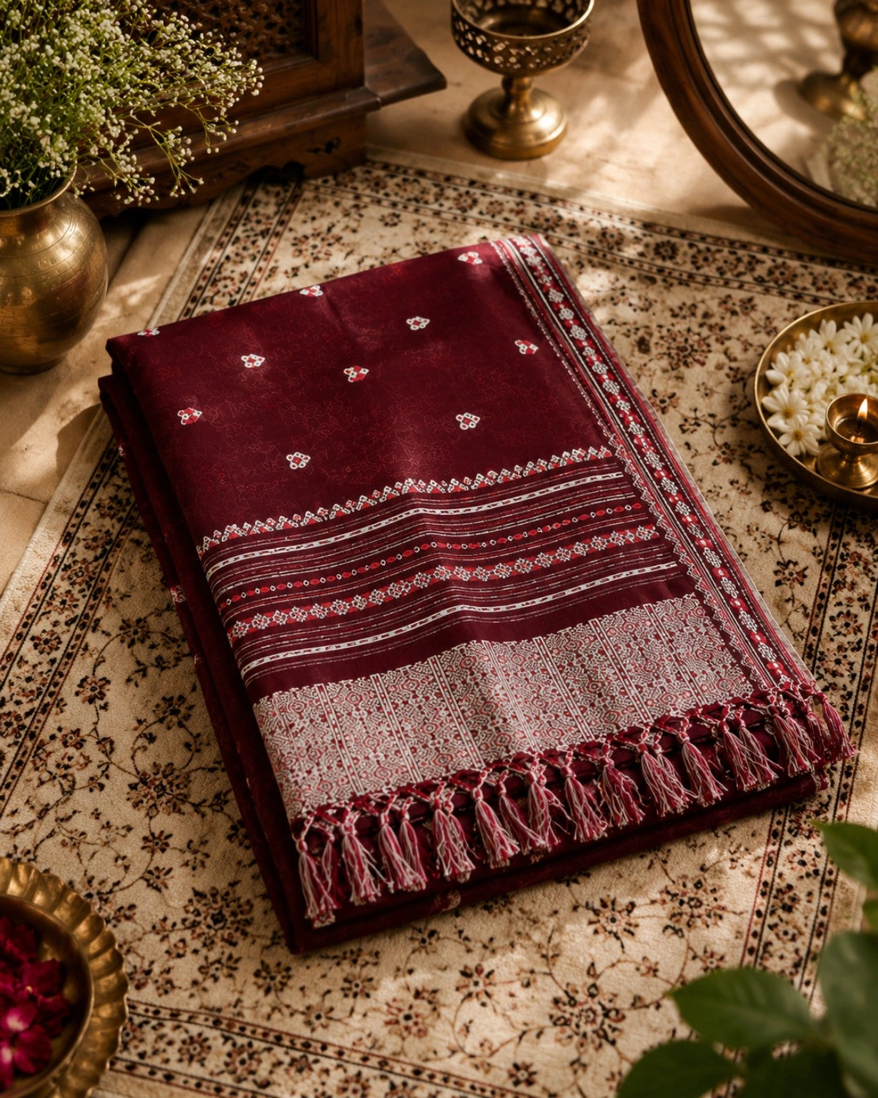 Maroon Pure Cotton Handwoven Saree with Traditional Buti Motifs & Tassel Pallu