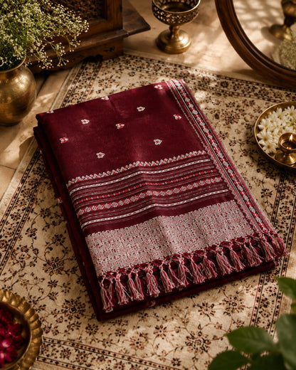 Maroon Pure Cotton Handwoven Saree with Traditional Buti Motifs & Tassel Pallu