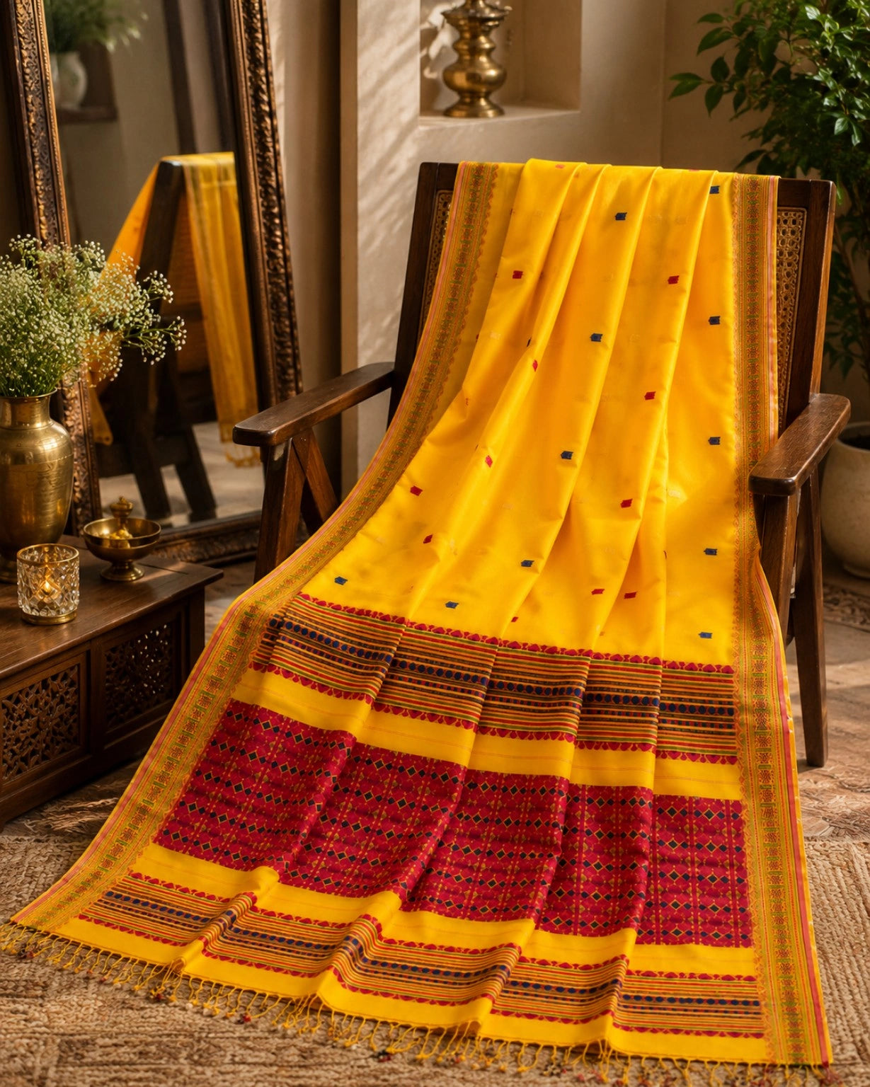 Bright Yellow Pure Cotton Handwoven Saree with Multicolor Buti Motifs & Traditional Woven Pallu