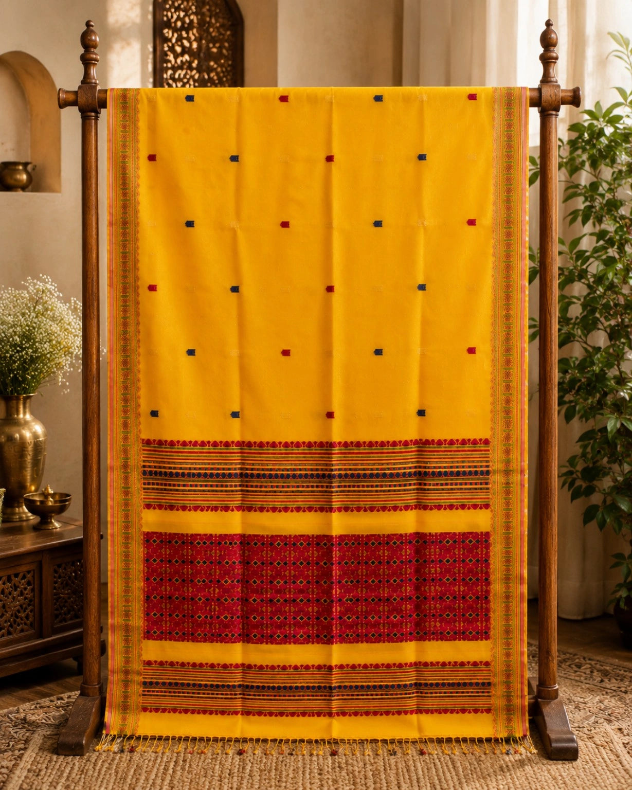 Bright Yellow Pure Cotton Handwoven Saree with Multicolor Buti Motifs & Traditional Woven Pallu