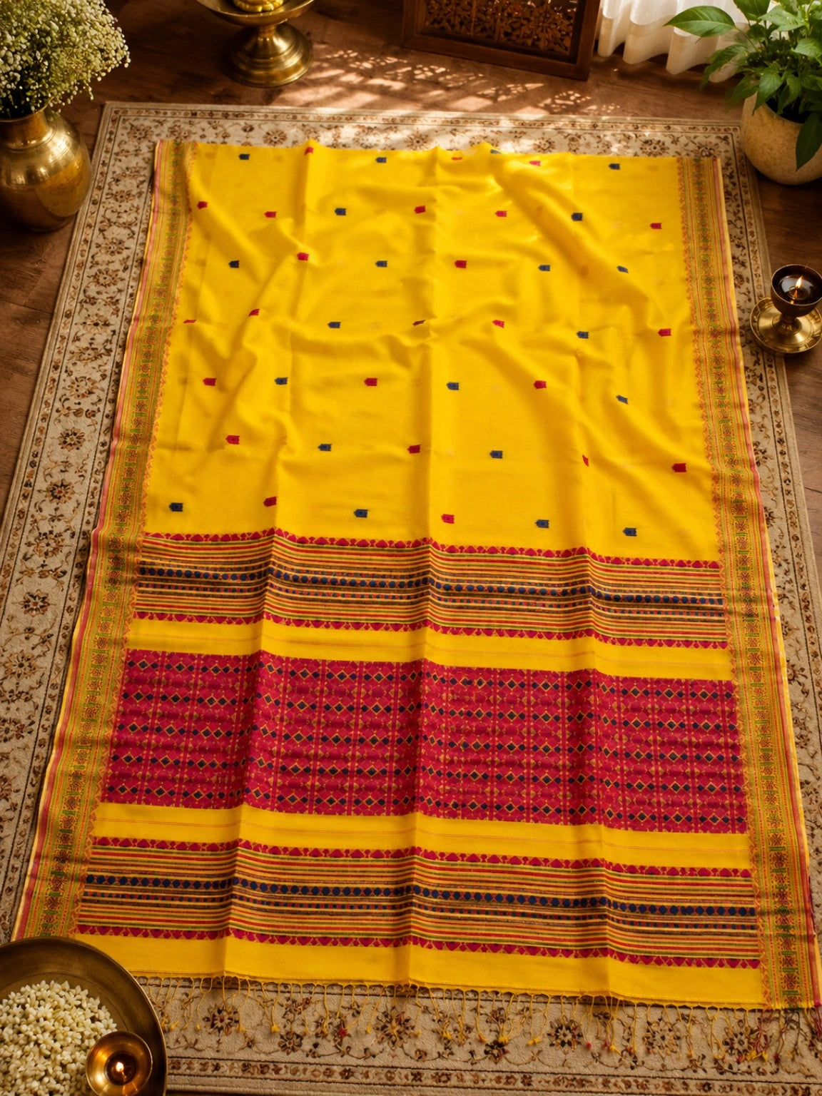 Bright Yellow Pure Cotton Handwoven Saree with Multicolor Buti Motifs & Traditional Woven Pallu