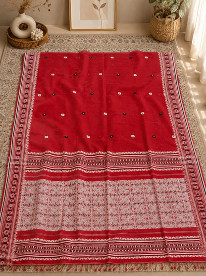 Crimson Red Pure Cotton Weaving Saree with Traditional Geometric Pallu Design